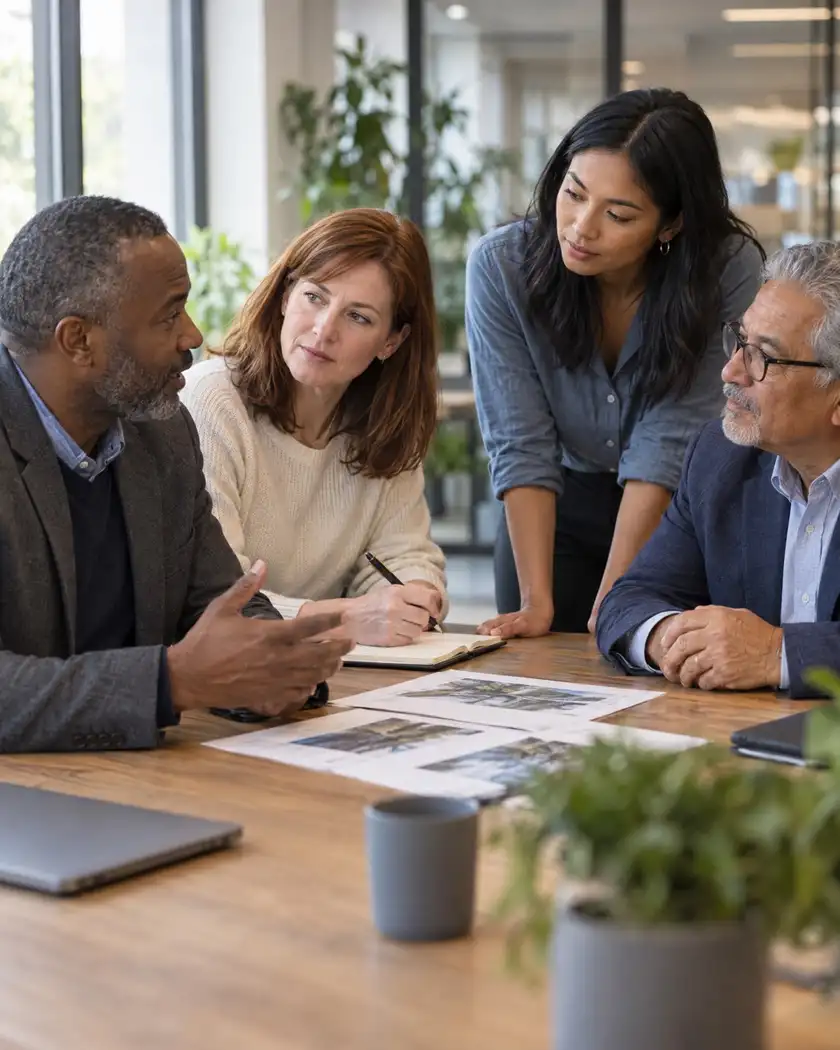 Four colleagues of different ages talking over printed pages at a table in a bright office