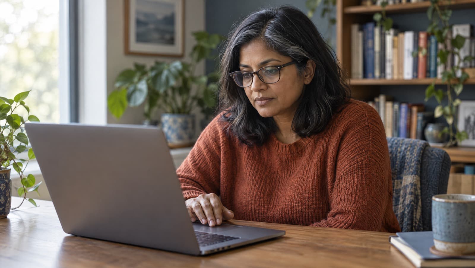 A woman at a desk in a home office, concentrating as she works through an online assessment on her laptop