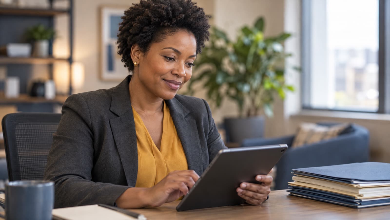 A recruiter at her desk reviewing candidate results on a tablet