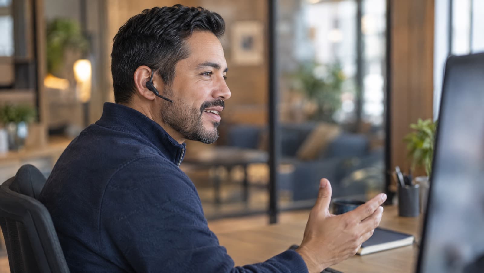 A recruiter in a headset conducting a video interview